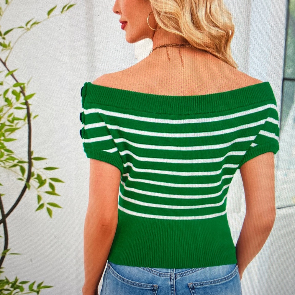 Green Striped Off-Shoulder Sweater - Picture 2 of 4